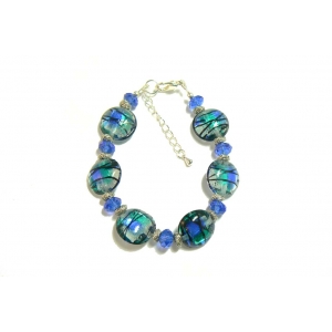 Blue and Green Stained Glass and Faceted Crystal Bracelet